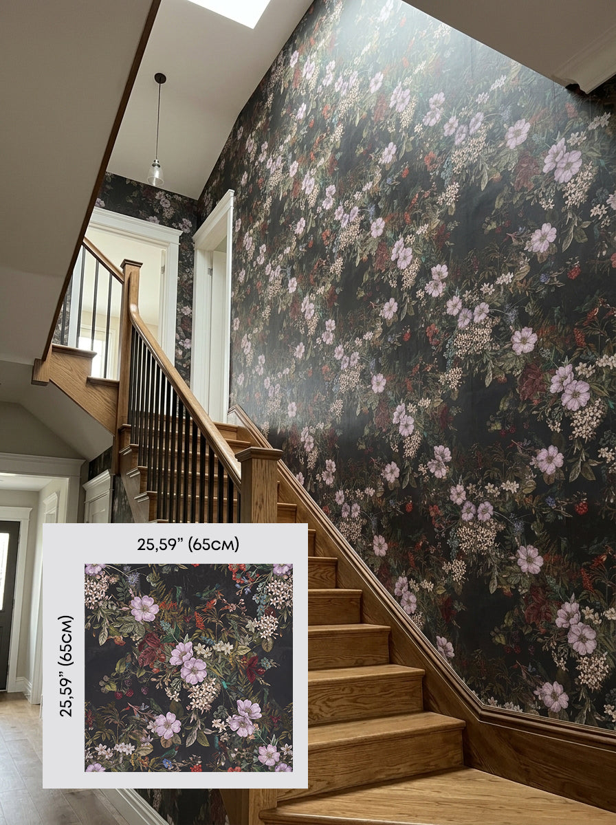 Dark floral wallpaper with lilac blossoms on a staircase wall, shown with a 65 cm (25.6 in) pattern sample.