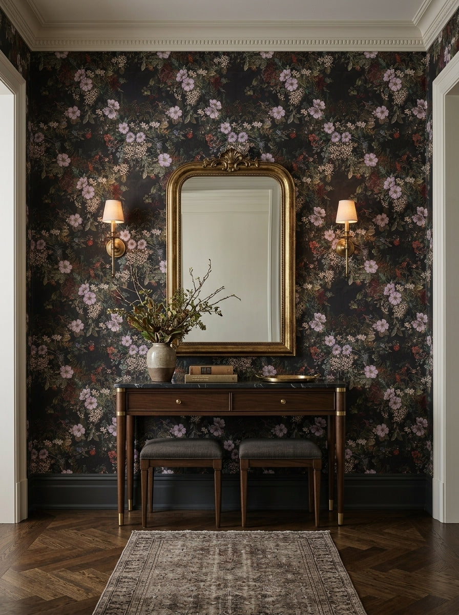 Dark floral wallpaper with lilac blossoms in an entryway.