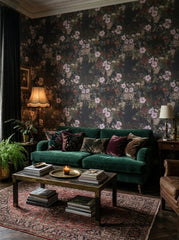 Dark floral wallpaper with lilac blossoms in a living room.