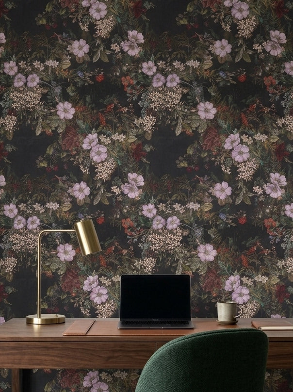 Dark floral wallpaper with lilac blossoms in a home office.