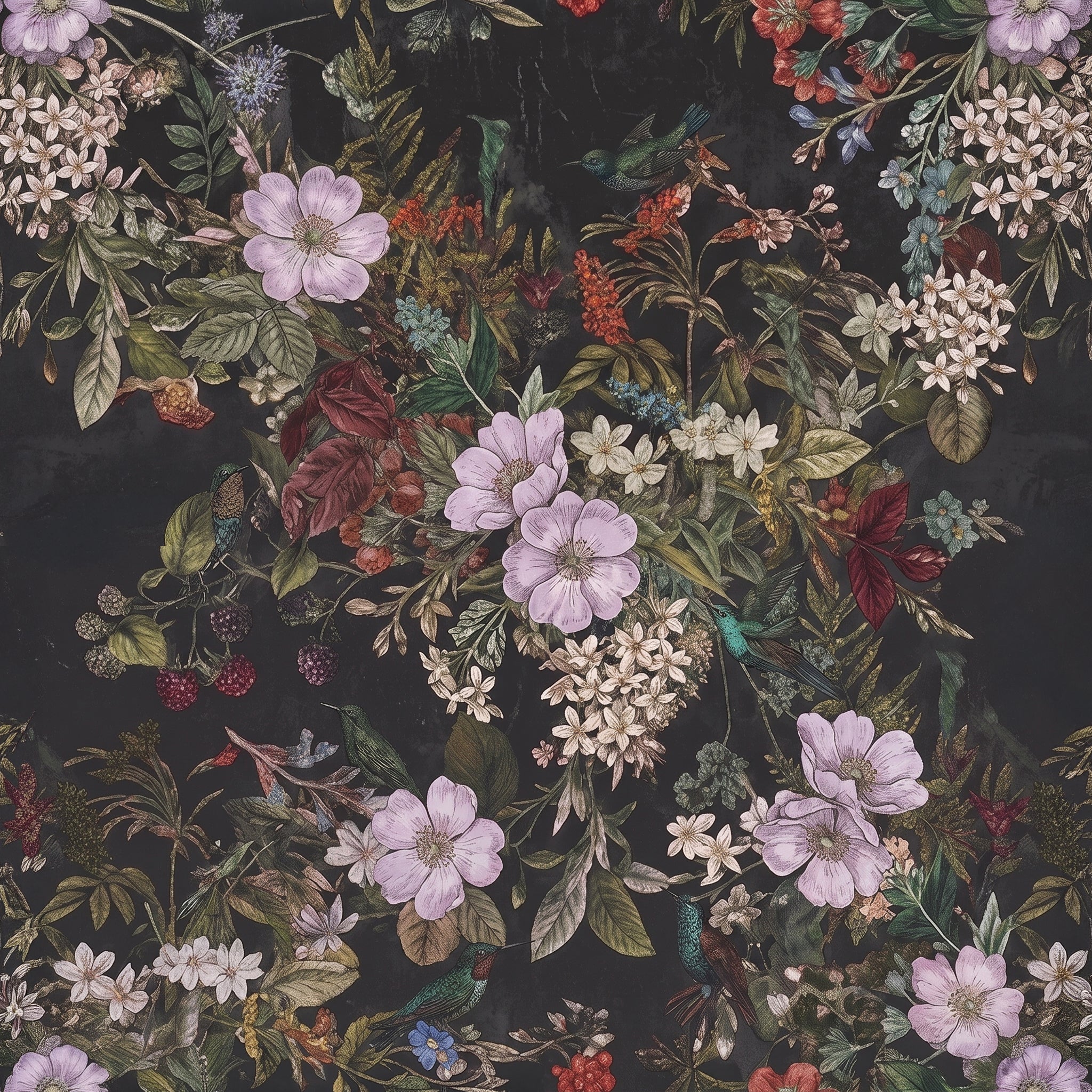 Dark floral wallpaper with lilac anemones, white blossoms and green leaves on a charcoal background.