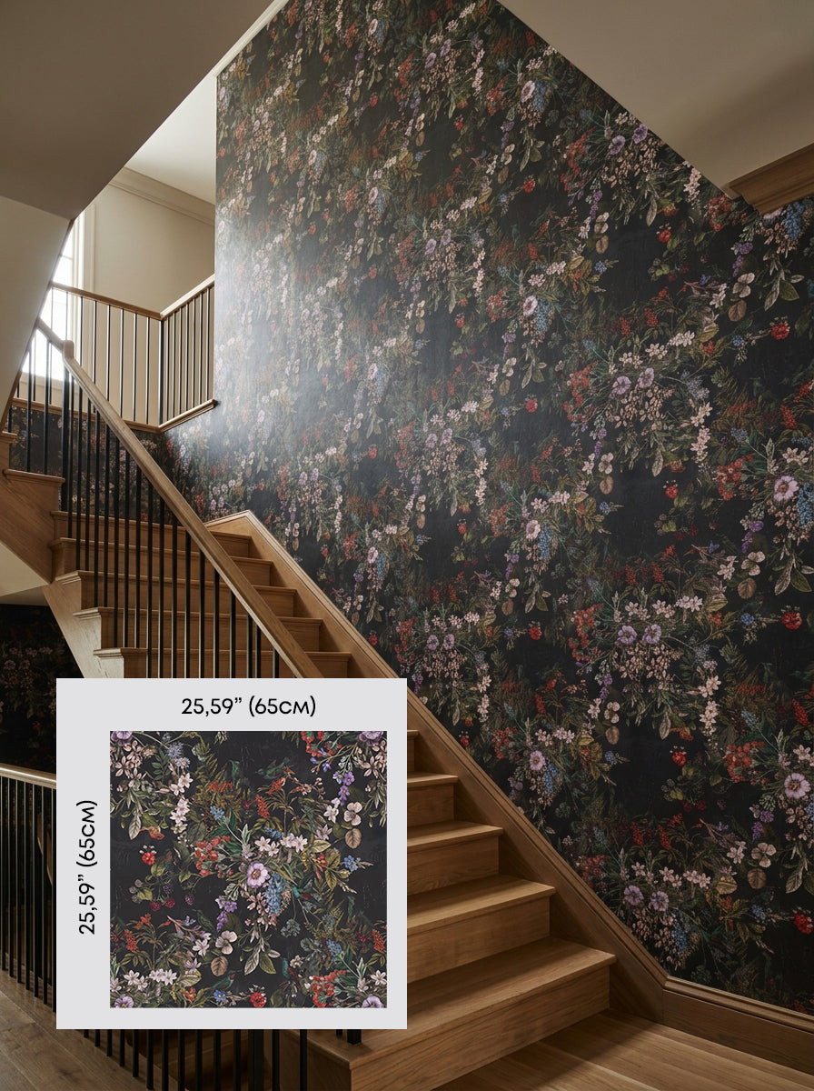 Dark botanical bouquet wallpaper on a staircase wall, shown with a 65 cm (25.6 in) pattern sample.