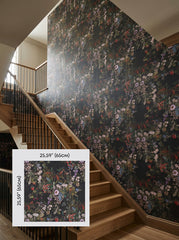 Dark botanical bouquet wallpaper on a staircase wall, shown with a 65 cm (25.6 in) pattern sample.