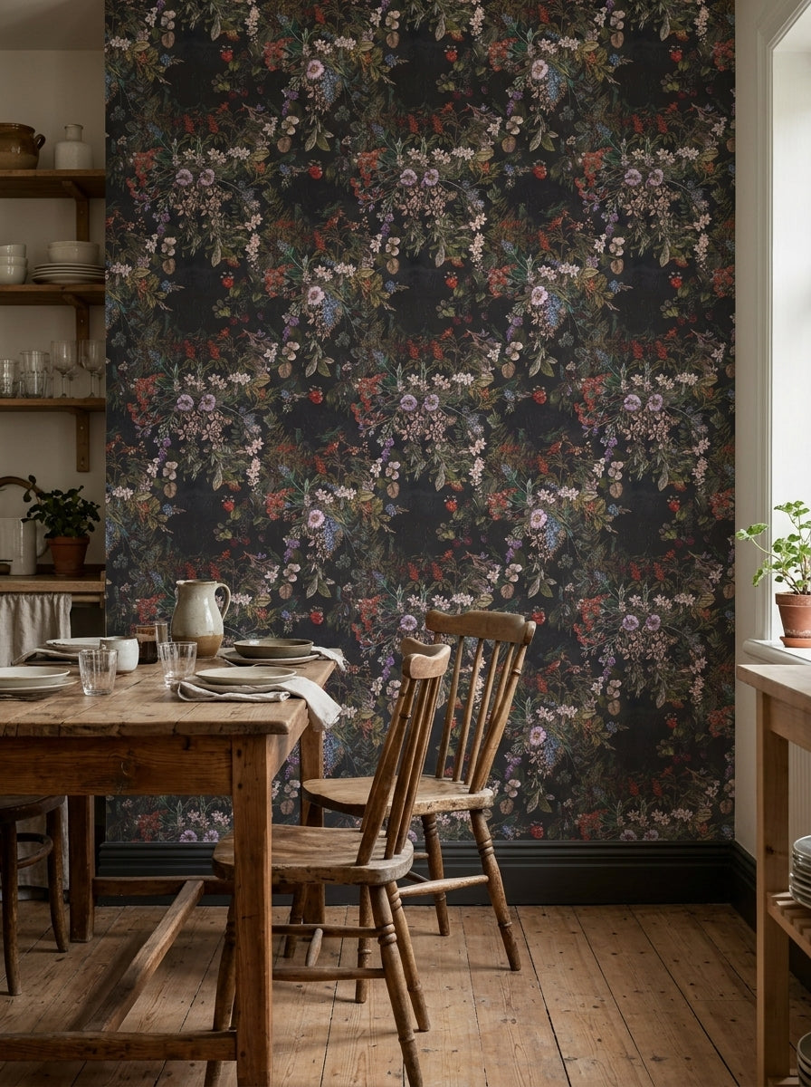 Dark botanical bouquet wallpaper in a dining area.