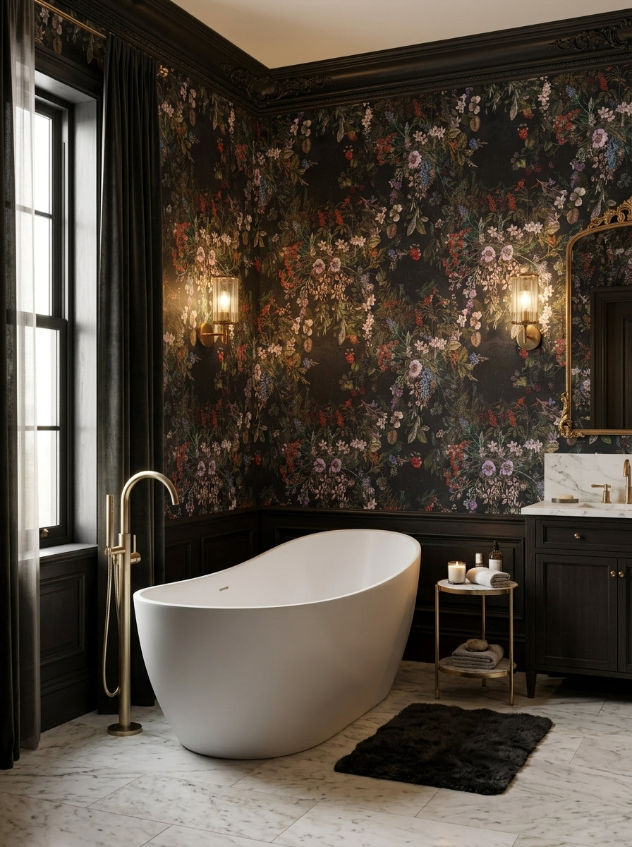 Dark botanical bouquet wallpaper in a bathroom.
