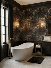 Dark botanical bouquet wallpaper in a bathroom.