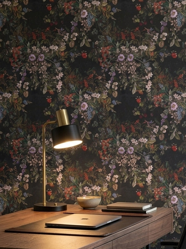 Dark botanical bouquet wallpaper in a home office.