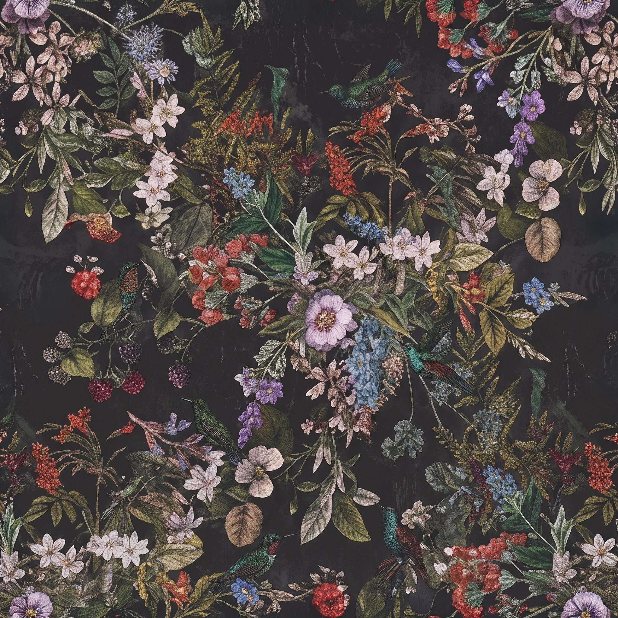 Dark botanical bouquet wallpaper with red berries, lilac and white flowers and sage leaves on a black ground.