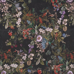 Dark botanical bouquet wallpaper with red berries, lilac and white flowers and sage leaves on a black ground.