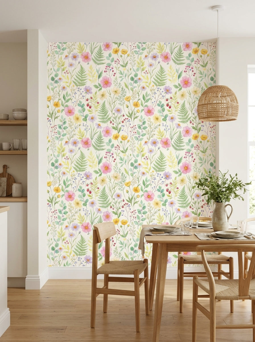 Pastel wildflower wallpaper in a dining area.