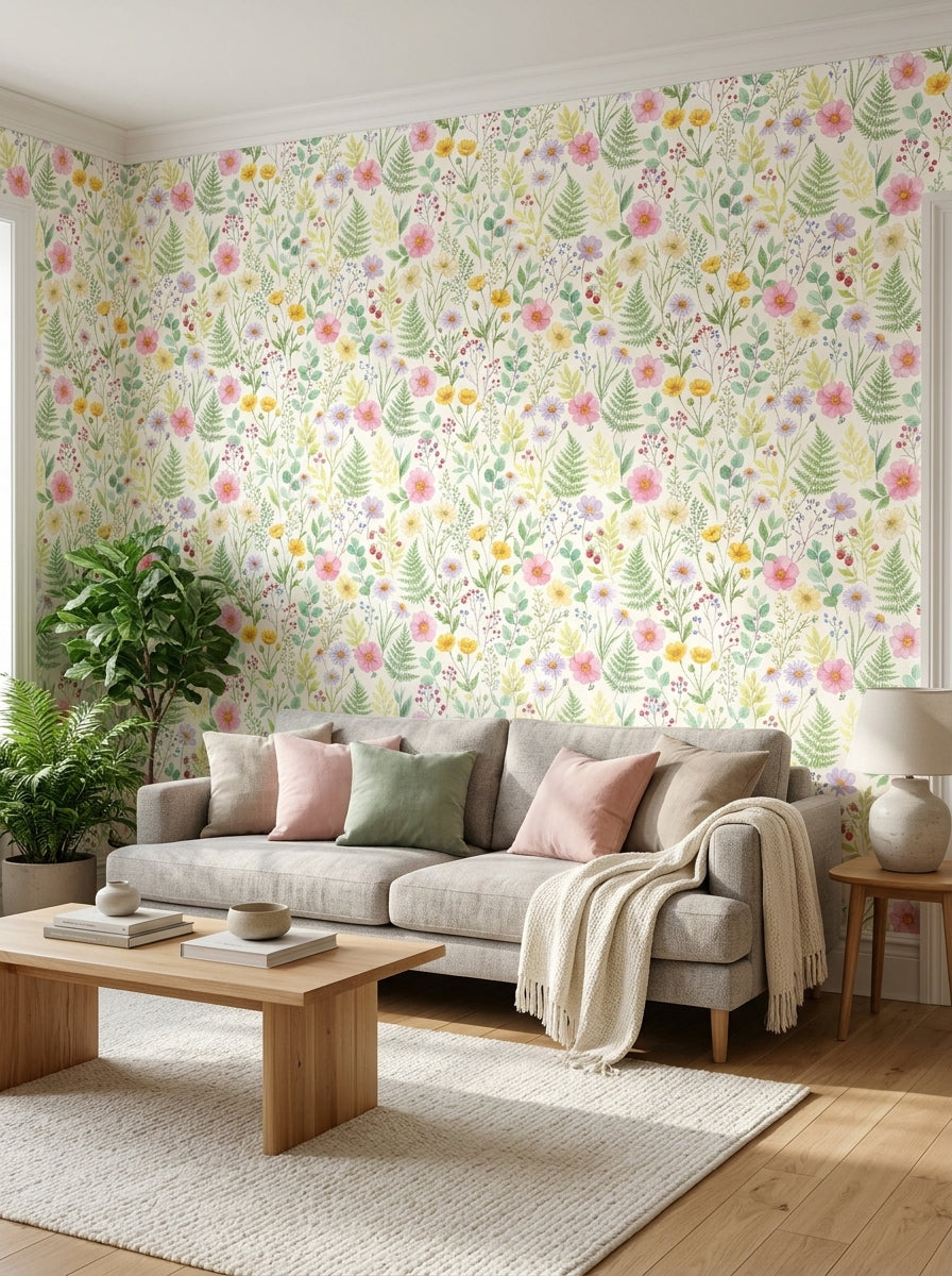 Pastel wildflower wallpaper in a living room.