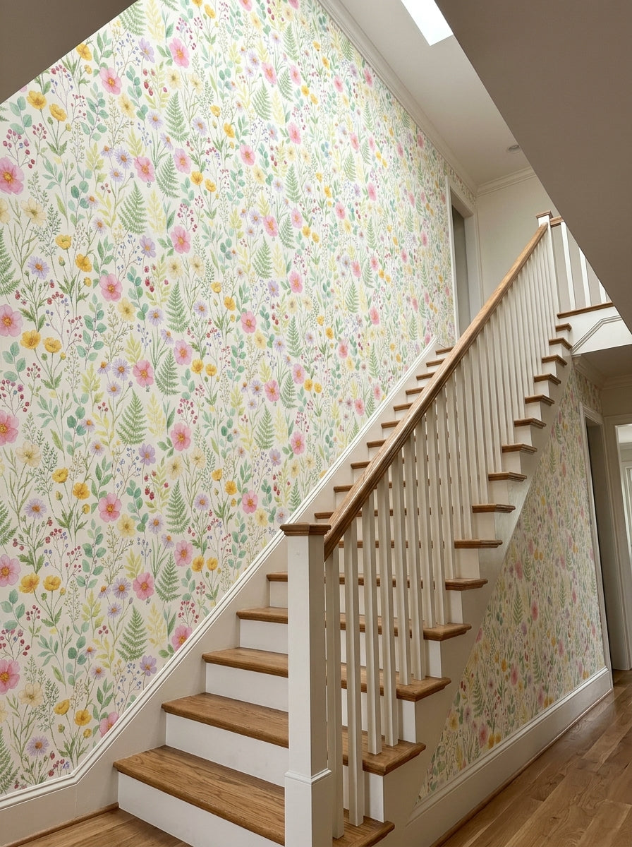 Pastel wildflower wallpaper on a staircase wall.