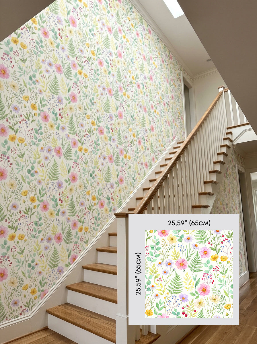 Pastel wildflower wallpaper on a staircase wall, shown with a 65 cm (25.6 in) pattern sample.