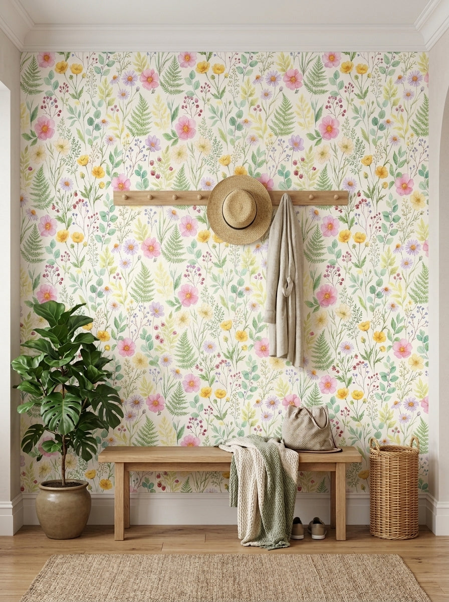 Pastel wildflower wallpaper in an entryway.