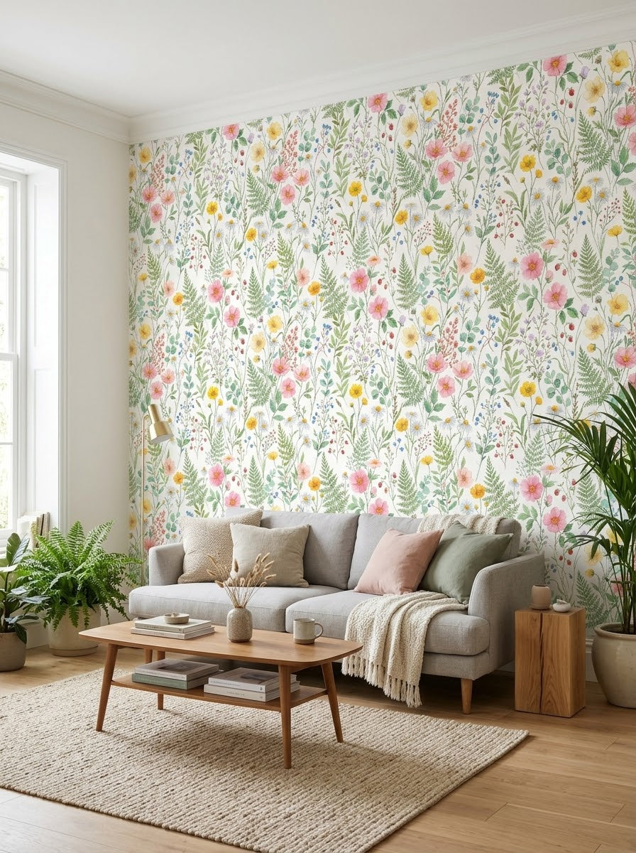 Wildflower meadow wallpaper in a living room.