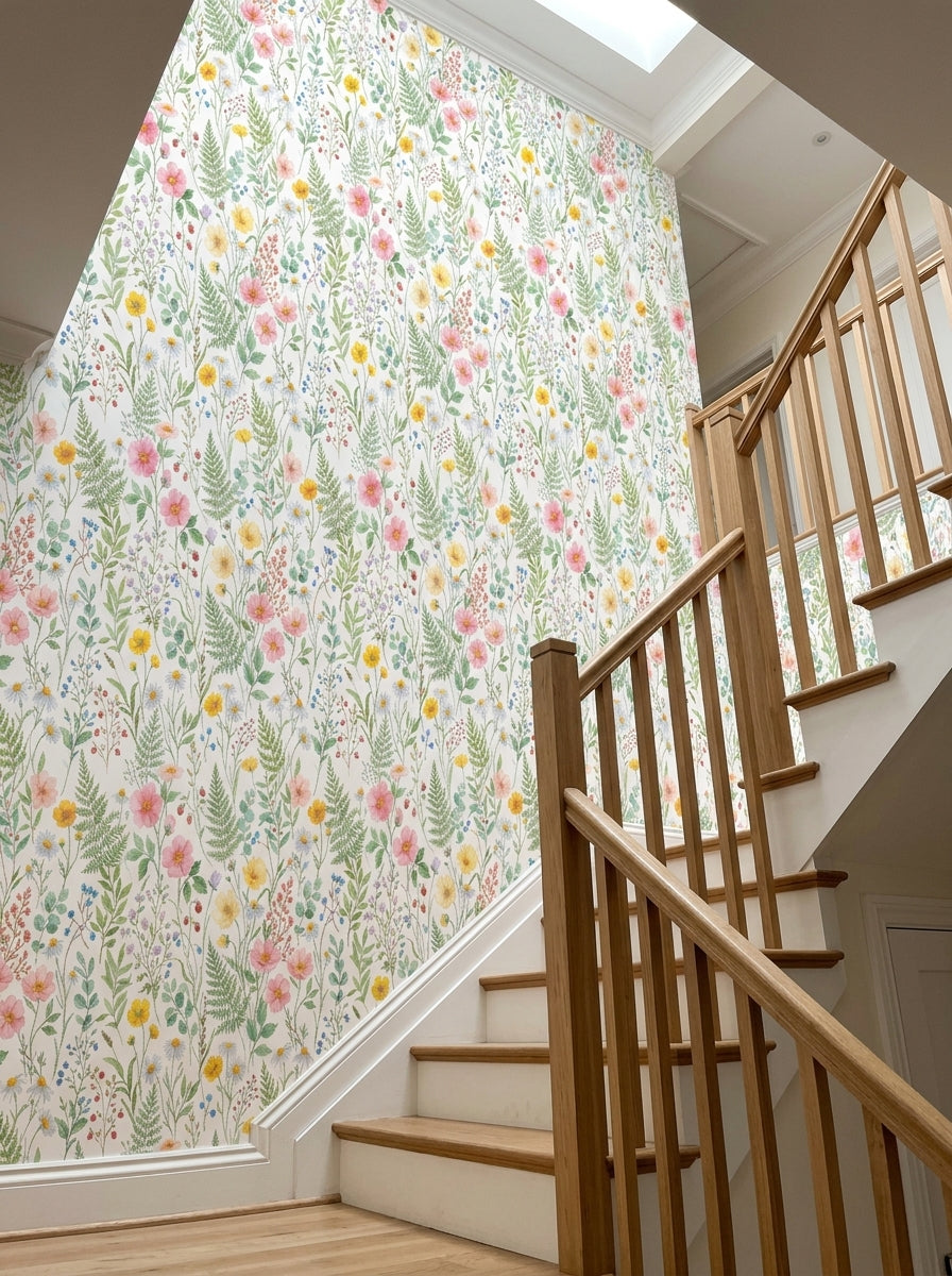 Wildflower meadow wallpaper on a staircase wall.
