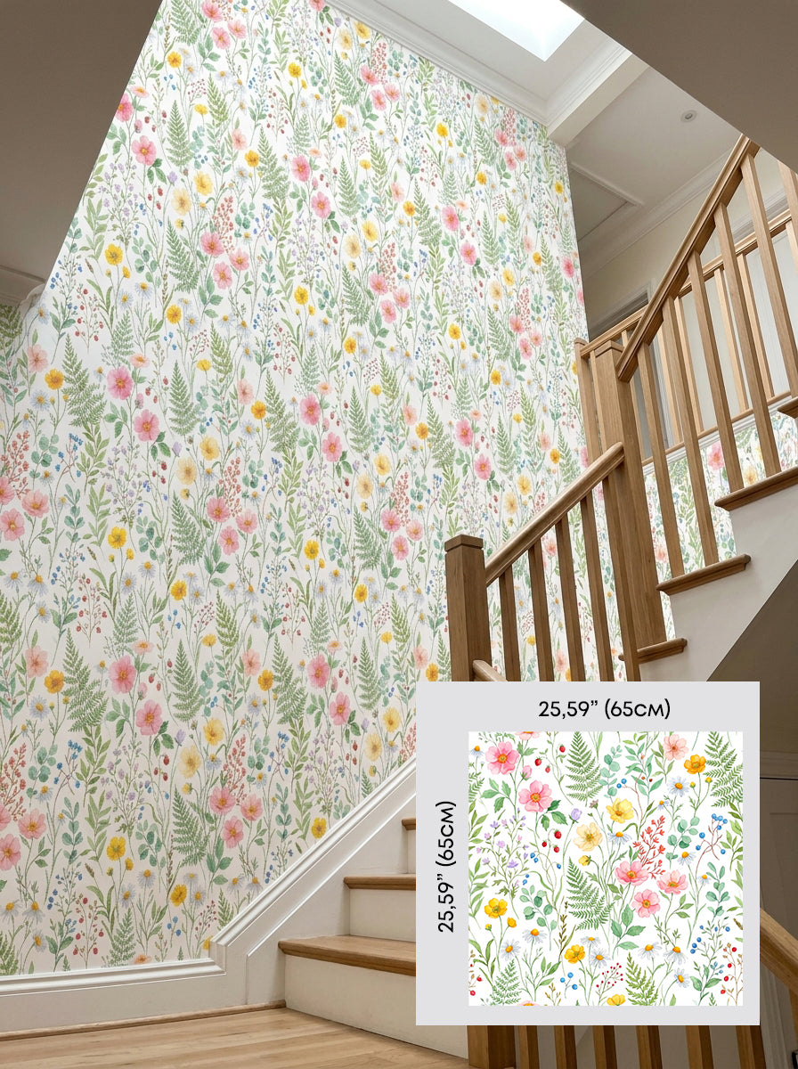 Wildflower meadow wallpaper on a staircase wall, shown with a 65 cm (25.6 in) pattern sample.