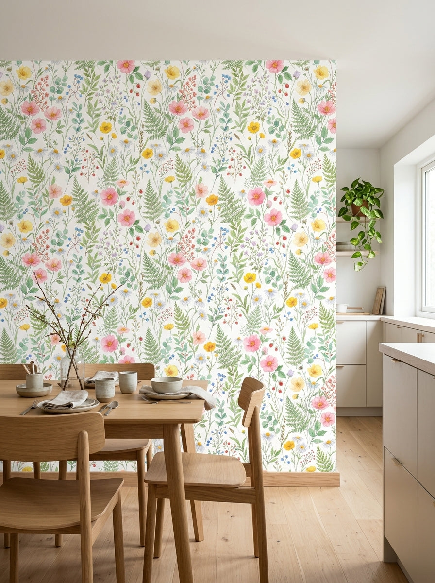 Wildflower meadow wallpaper in a dining area.