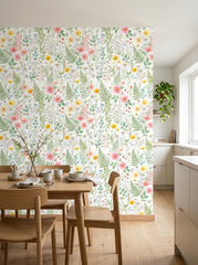 Wildflower meadow wallpaper in a dining area.