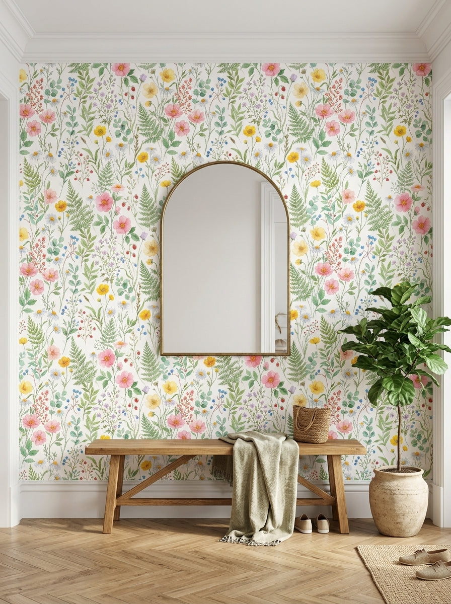 Wildflower meadow wallpaper in an entryway.