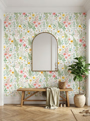 Wildflower meadow wallpaper in an entryway.