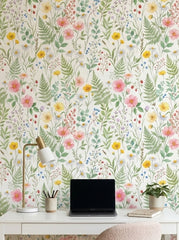 Wildflower meadow wallpaper in a home office.