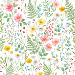 Wildflower meadow wallpaper with pink and yellow flowers, daisies and green ferns on a white background.