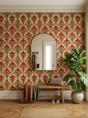 Red peony arch wallpaper in an entryway.