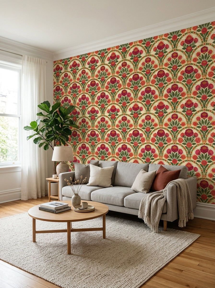 Red peony arch wallpaper in a living room.