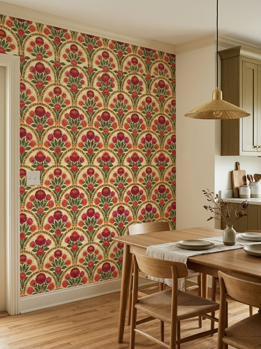 Red peony arch wallpaper in a dining area.
