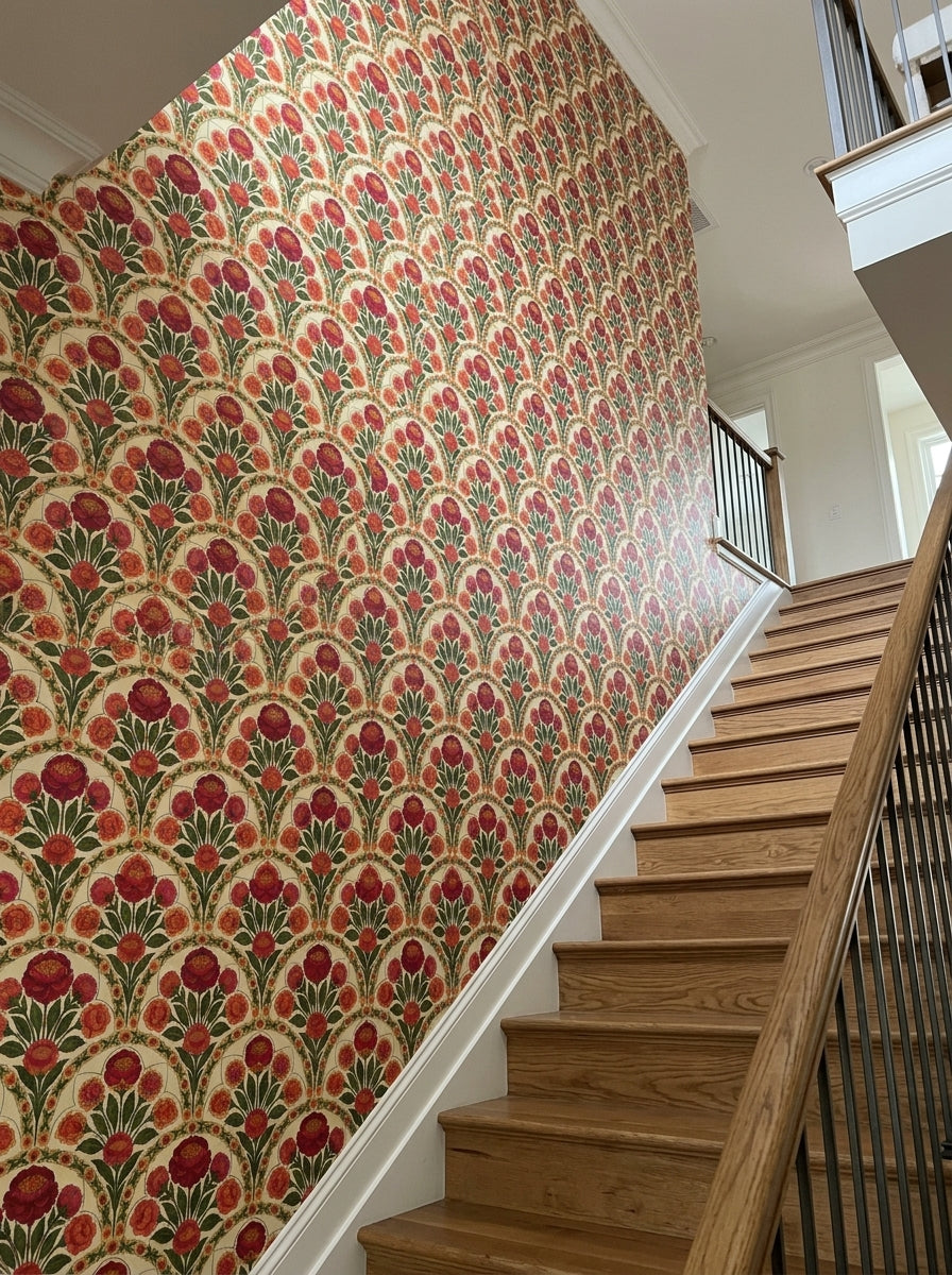 Red peony arch wallpaper on a staircase wall.