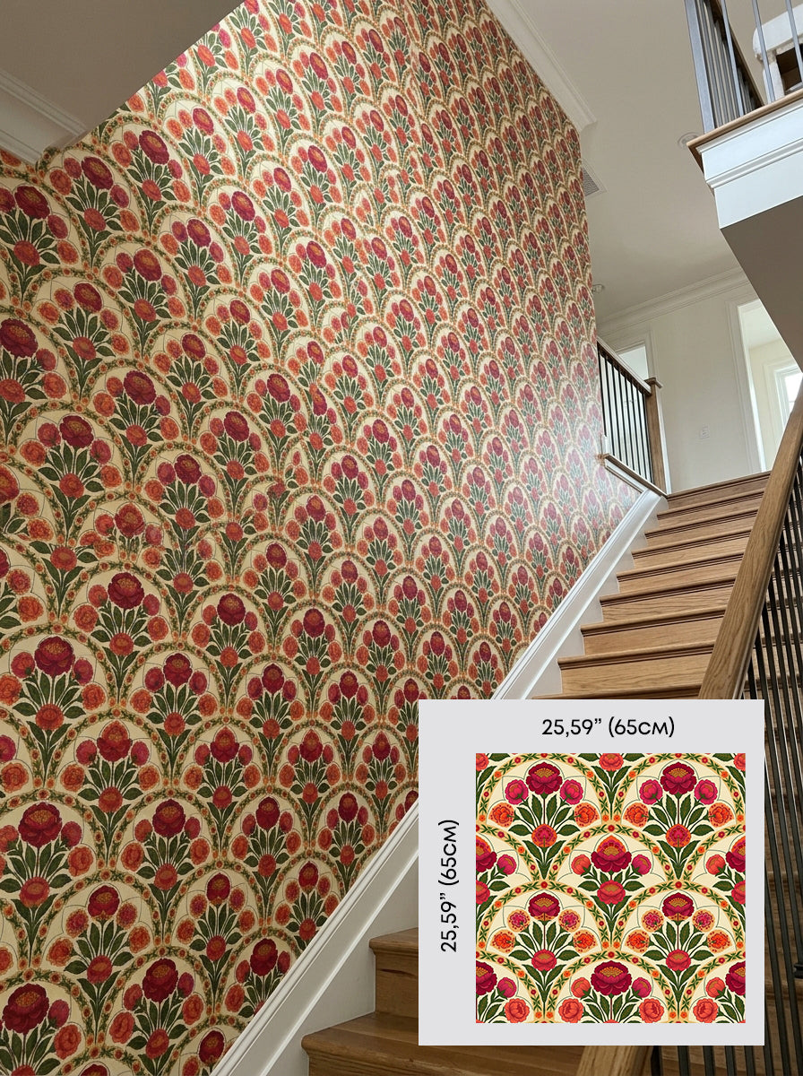Red peony arch wallpaper on a staircase wall, shown with a 65 cm (25.6 in) pattern sample.