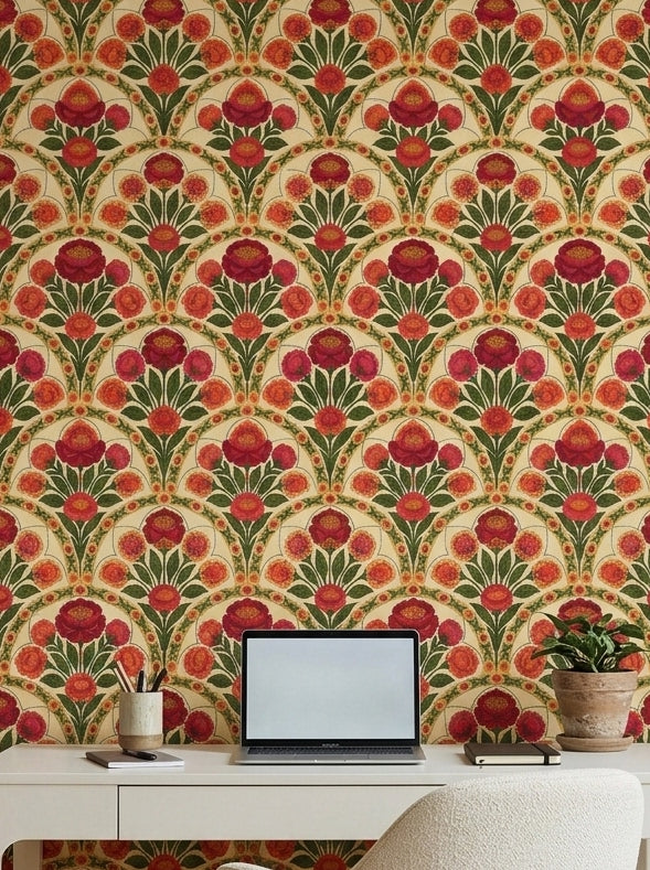 Red peony arch wallpaper in a home office.