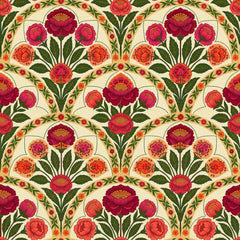 Red peony arch wallpaper with scalloped arches of crimson flowers and green leaves on a cream background.