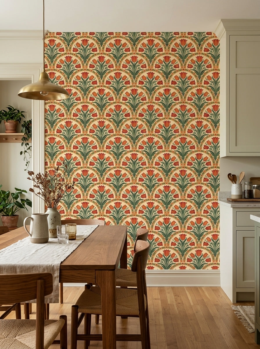 Orange tulip arch wallpaper in a dining area.