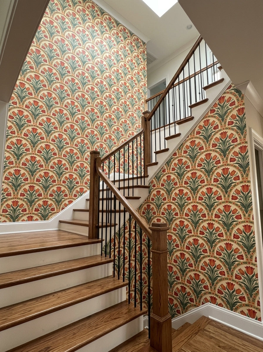Orange tulip arch wallpaper on a staircase wall.
