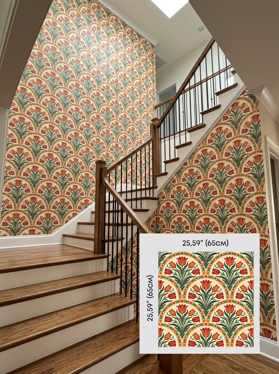 Orange tulip arch wallpaper on a staircase wall, shown with a 65 cm (25.6 in) pattern sample.