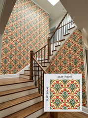 Orange tulip arch wallpaper on a staircase wall, shown with a 65 cm (25.6 in) pattern sample.