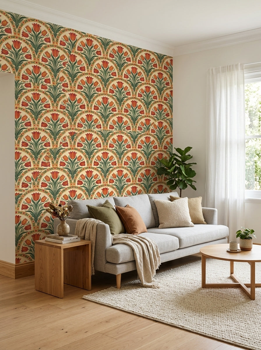Orange tulip arch wallpaper in a living room.