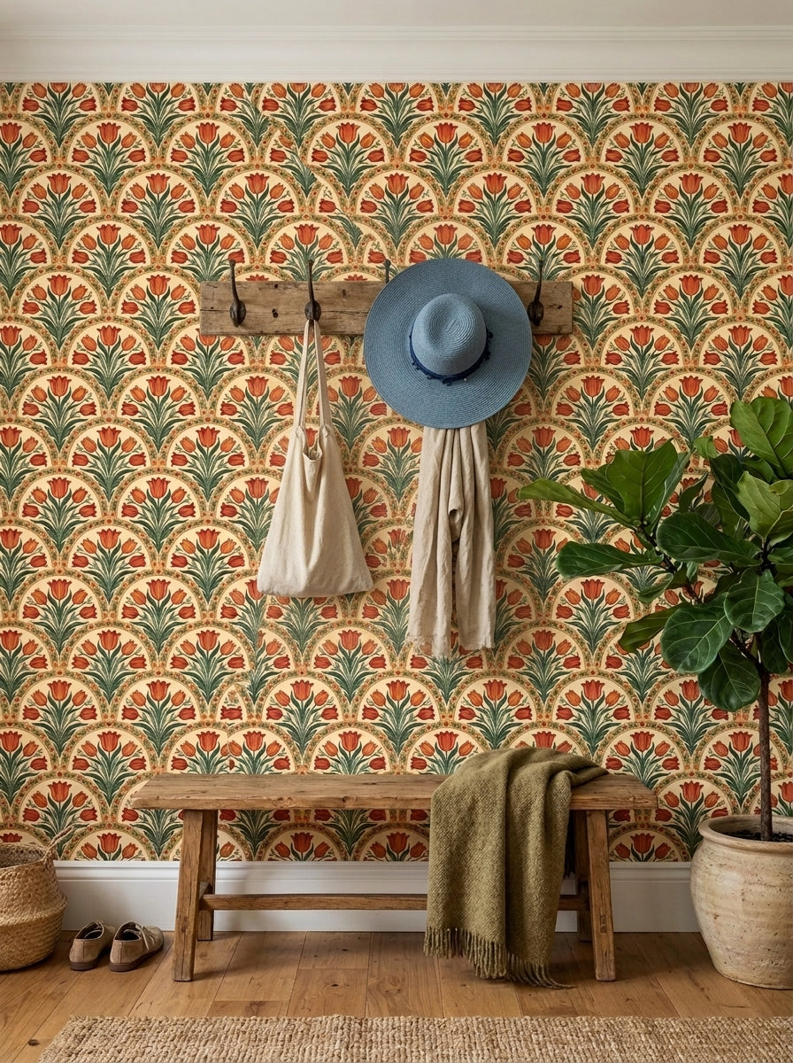 Orange tulip arch wallpaper in an entryway.