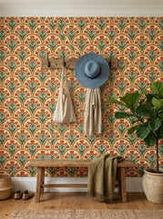 Orange tulip arch wallpaper in an entryway.