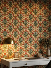 Orange tulip arch wallpaper in a home office.