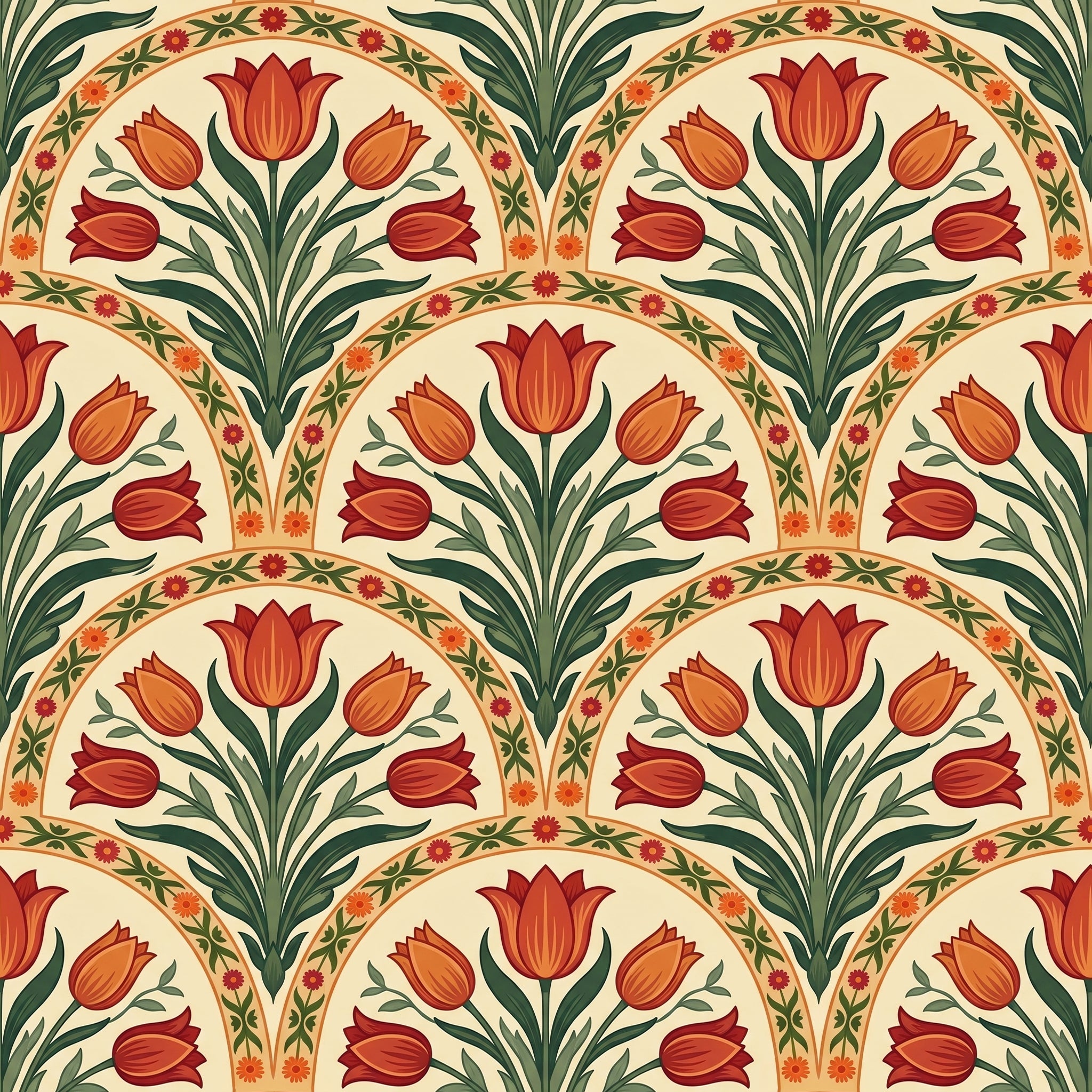 Orange tulip arch wallpaper with scalloped arches of tulips, green leaves and golden details on a cream background.