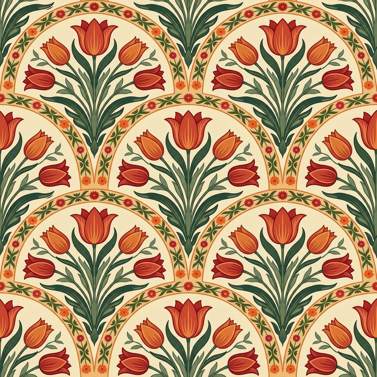 Orange Tulip Arch Wallpaper – Scalloped Floral Wall Mural