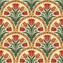 Orange tulip arch wallpaper with scalloped arches of tulips, green leaves and golden details on a cream background.