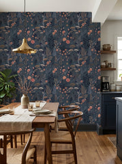 Navy meadow wallpaper in a dining area.