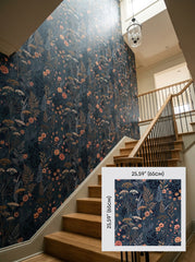 Navy meadow wallpaper on a staircase wall, shown with a 65 cm (25.6 in) pattern sample.