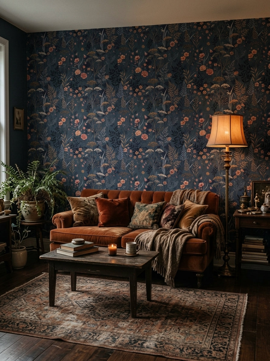 Navy meadow wallpaper in a living room.