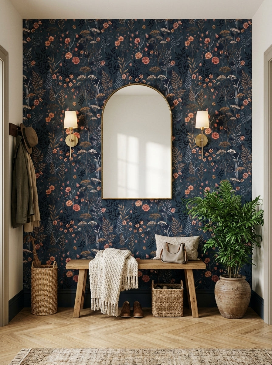 Navy meadow wallpaper in an entryway.