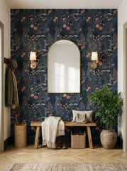 Navy meadow wallpaper in an entryway.